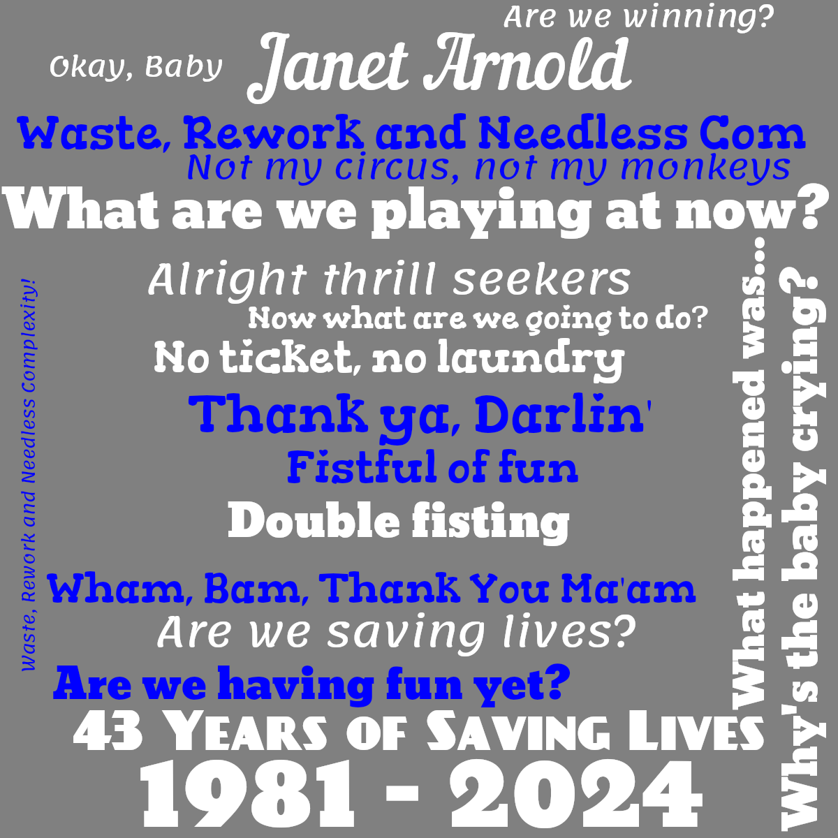 Word cloud with 16 words like Not my circus, not my monkeys, Are we winning? and Alright thrill seekers in blue, white and gray.