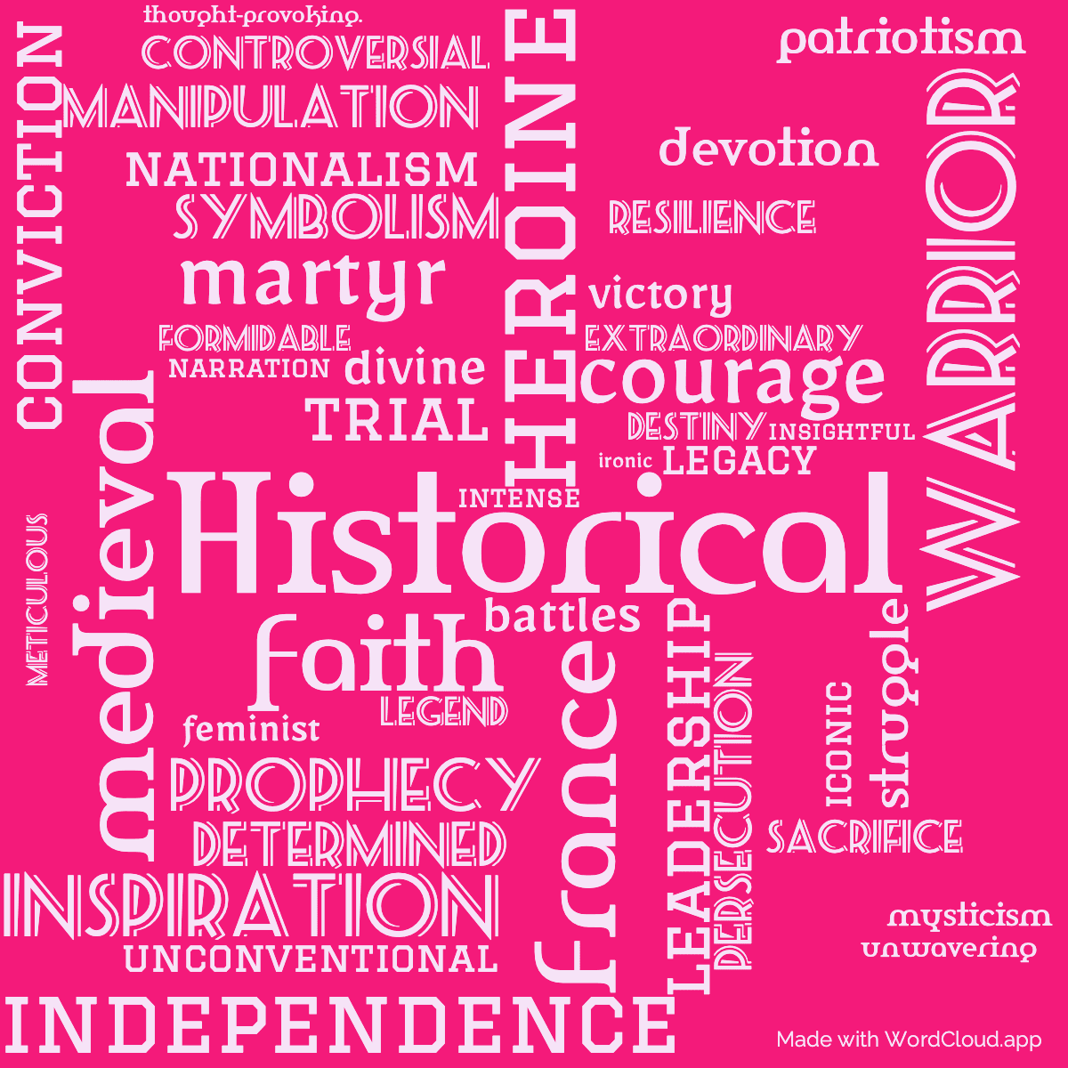 Word cloud of the book Joan of Arc with 44 words like Historical, heroine and France.