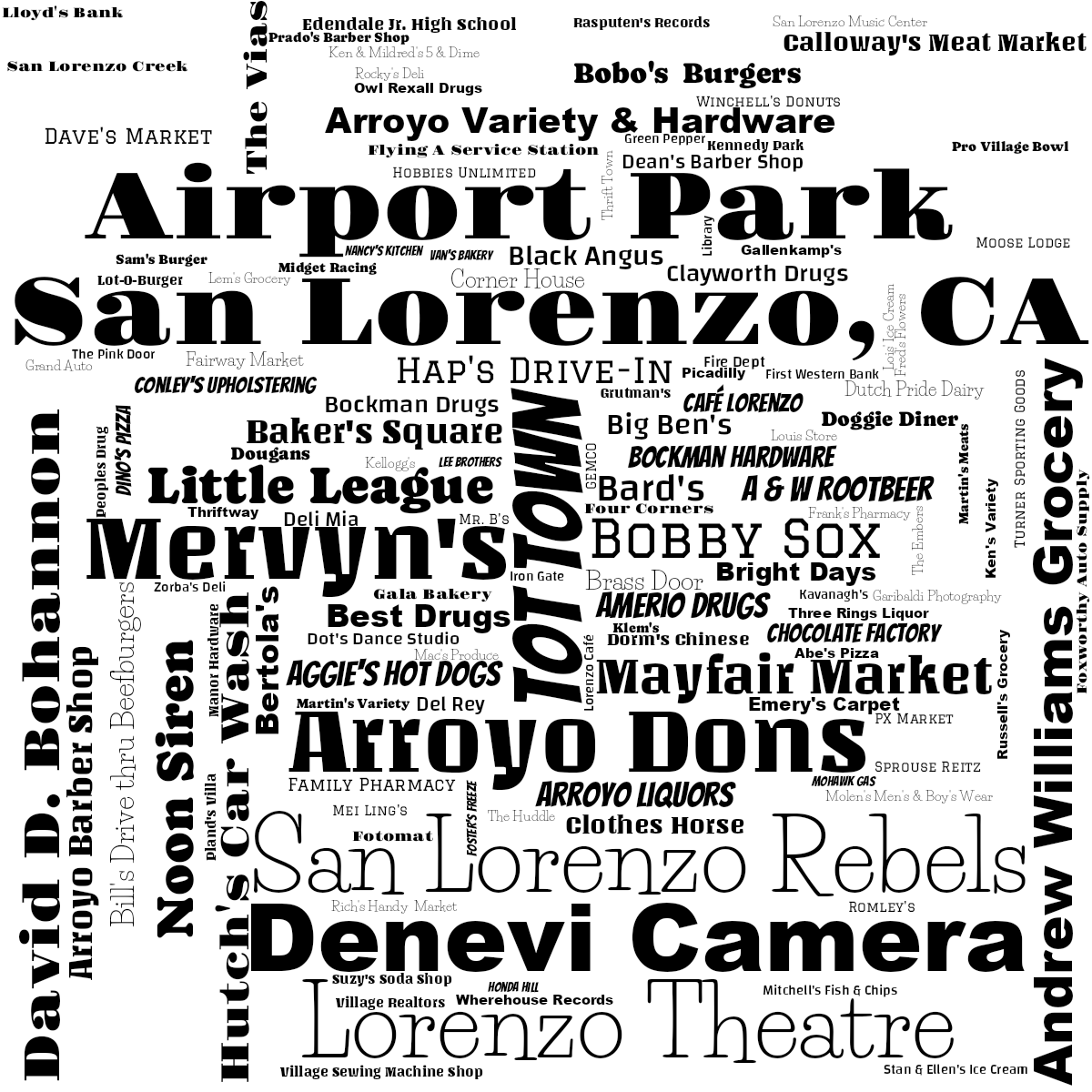 Word cloud with 137 words like San Lorenzo, CA , Tot Town and Arroyo Dons in black and white.
