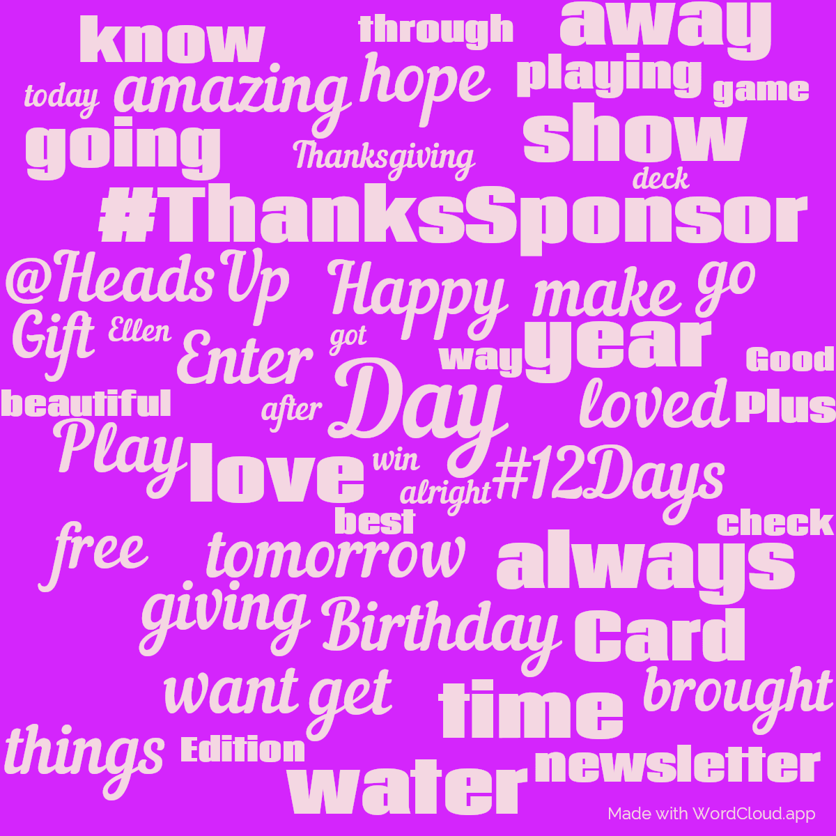 Word cloud with 50 words like Day, Happy and love in pink and purple.