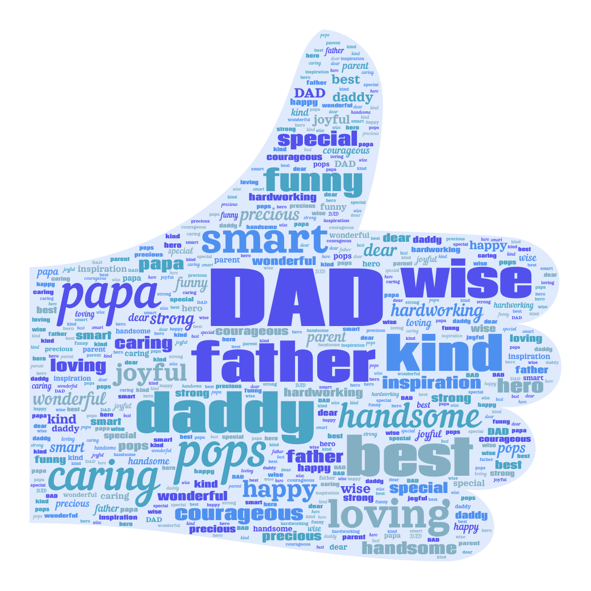 Word cloud in a Thumbs Up shape with 25 words like DAD, father and daddy in blue and white.