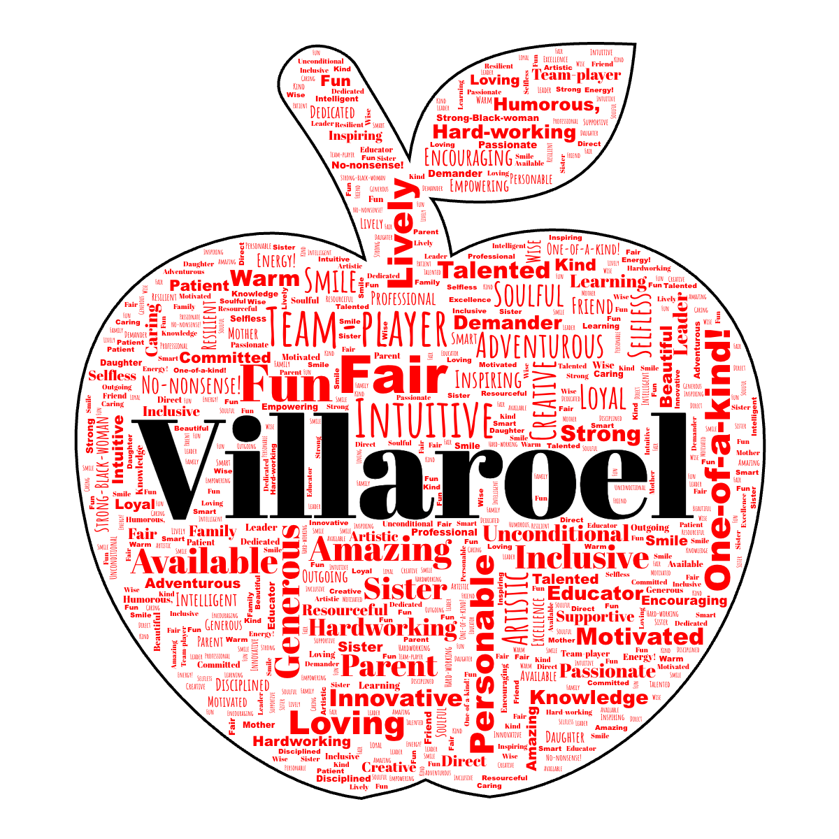 Word cloud in an Apple shape with 63 words like Creative, Kind and Generous in red, white and black.