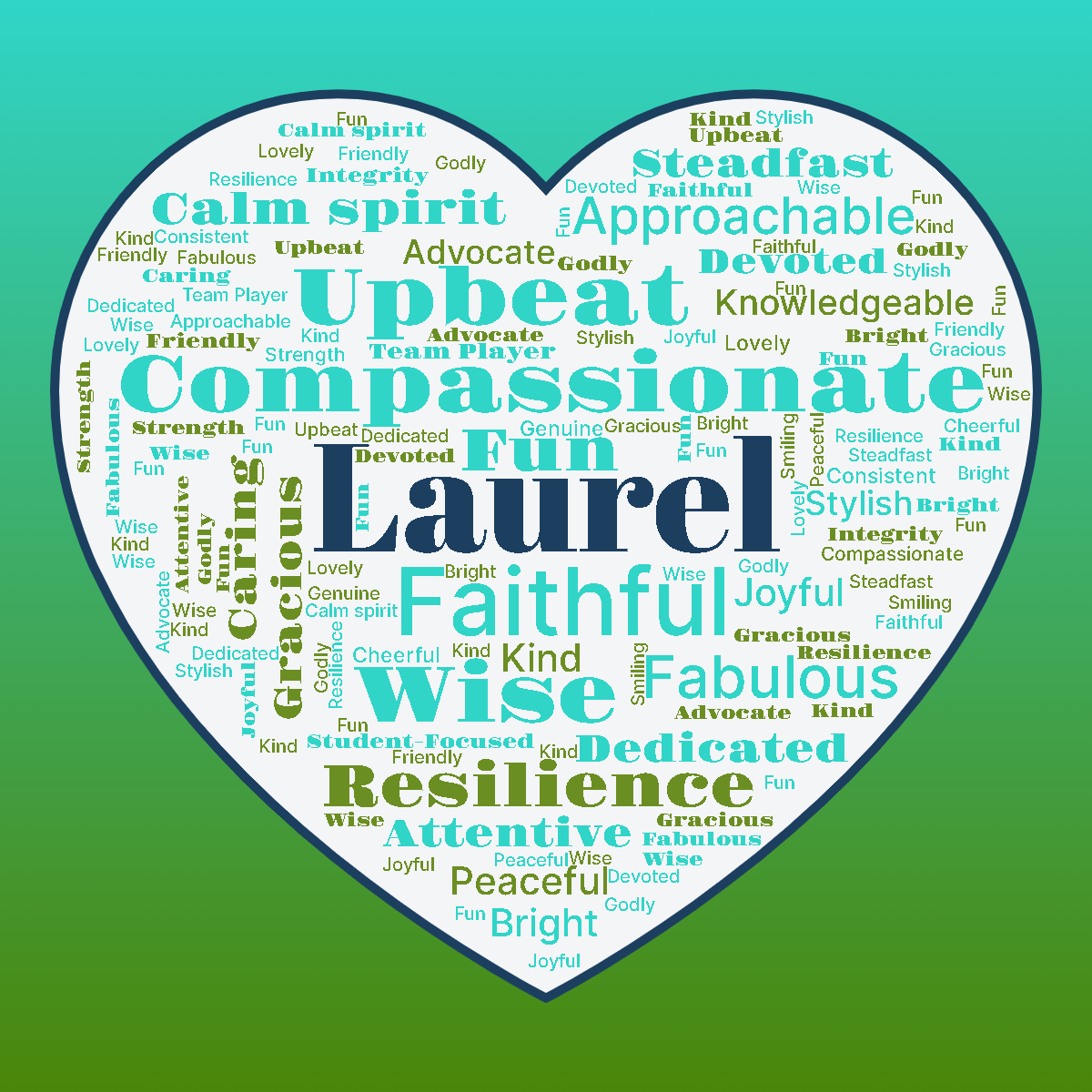 Word cloud in a Heart shape with 33 words like Fun, Fabulous and Wise in blue and green.