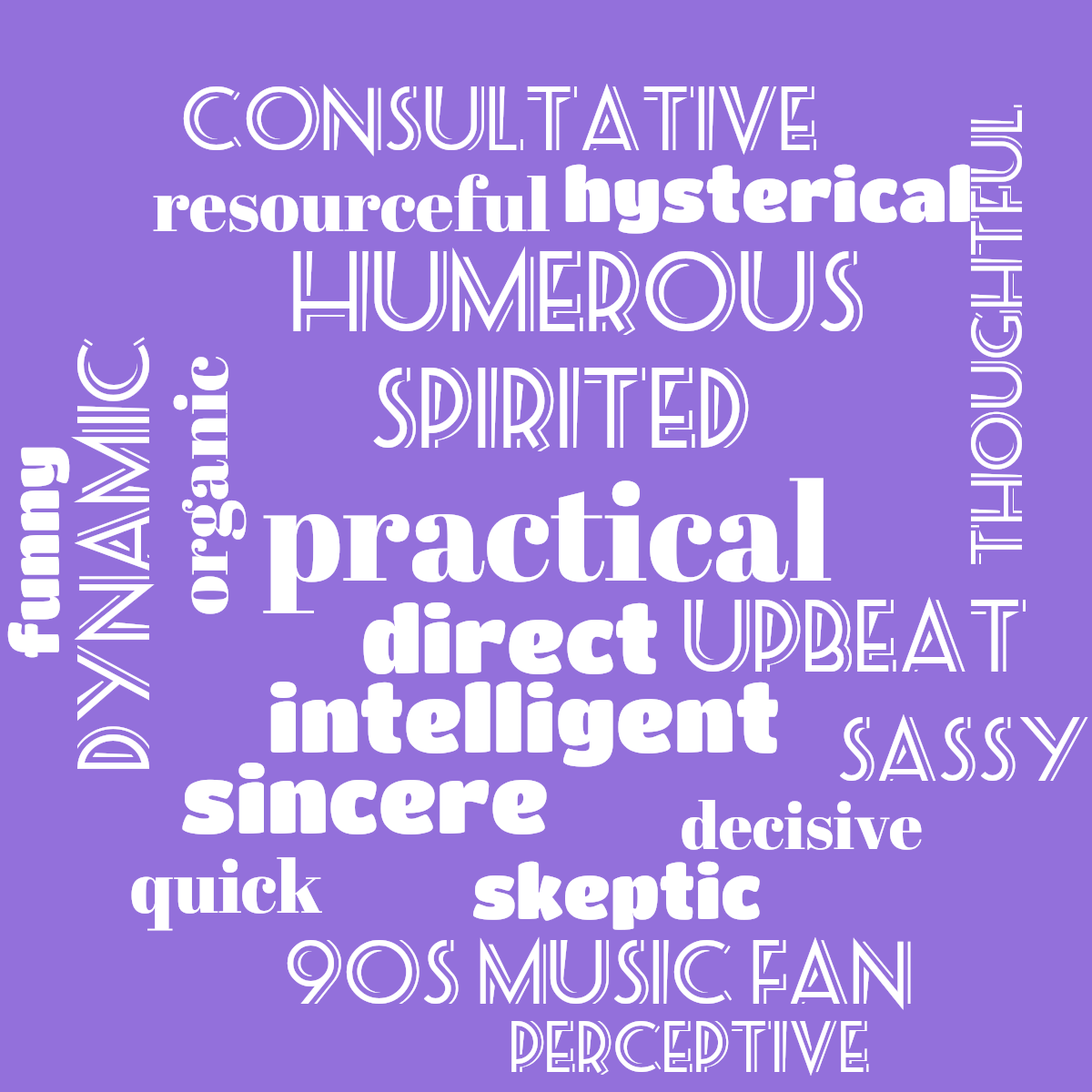 Word cloud with 20 words like practical, direct and spirited in white and purple.
