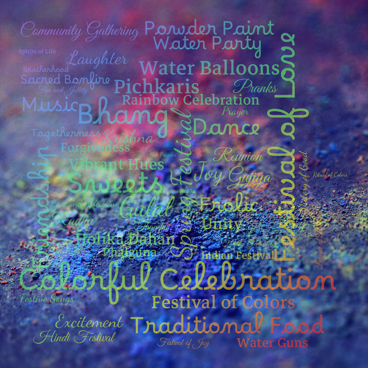 Word cloud with 50 words like Colorful Celebration, Festival of Love and Spring Festival in multicolor.