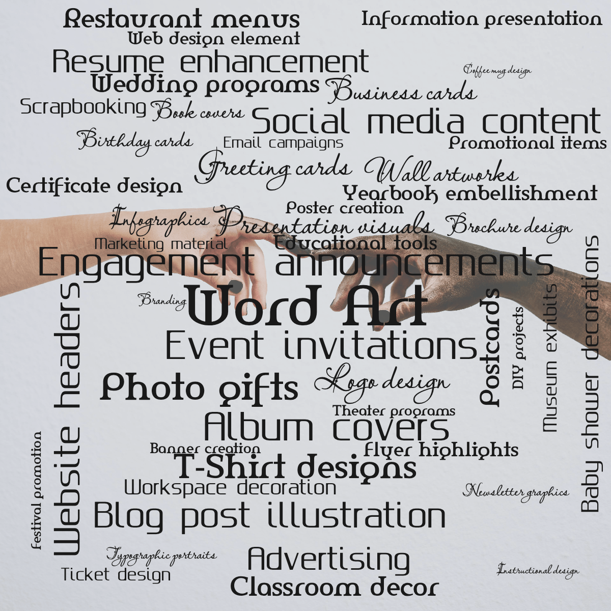 Word cloud with 48 words like Word Art, Engagement announcements and Event invitations in dark gray.
