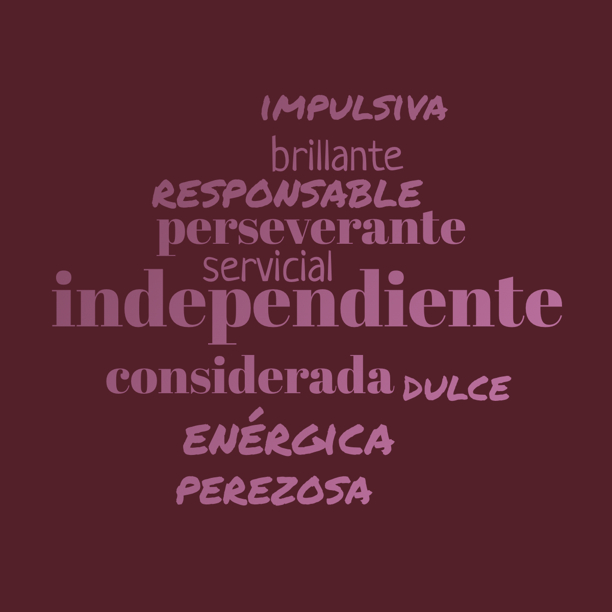 Word cloud with 10 words like independiente, perseverante and considerada in pink and red.