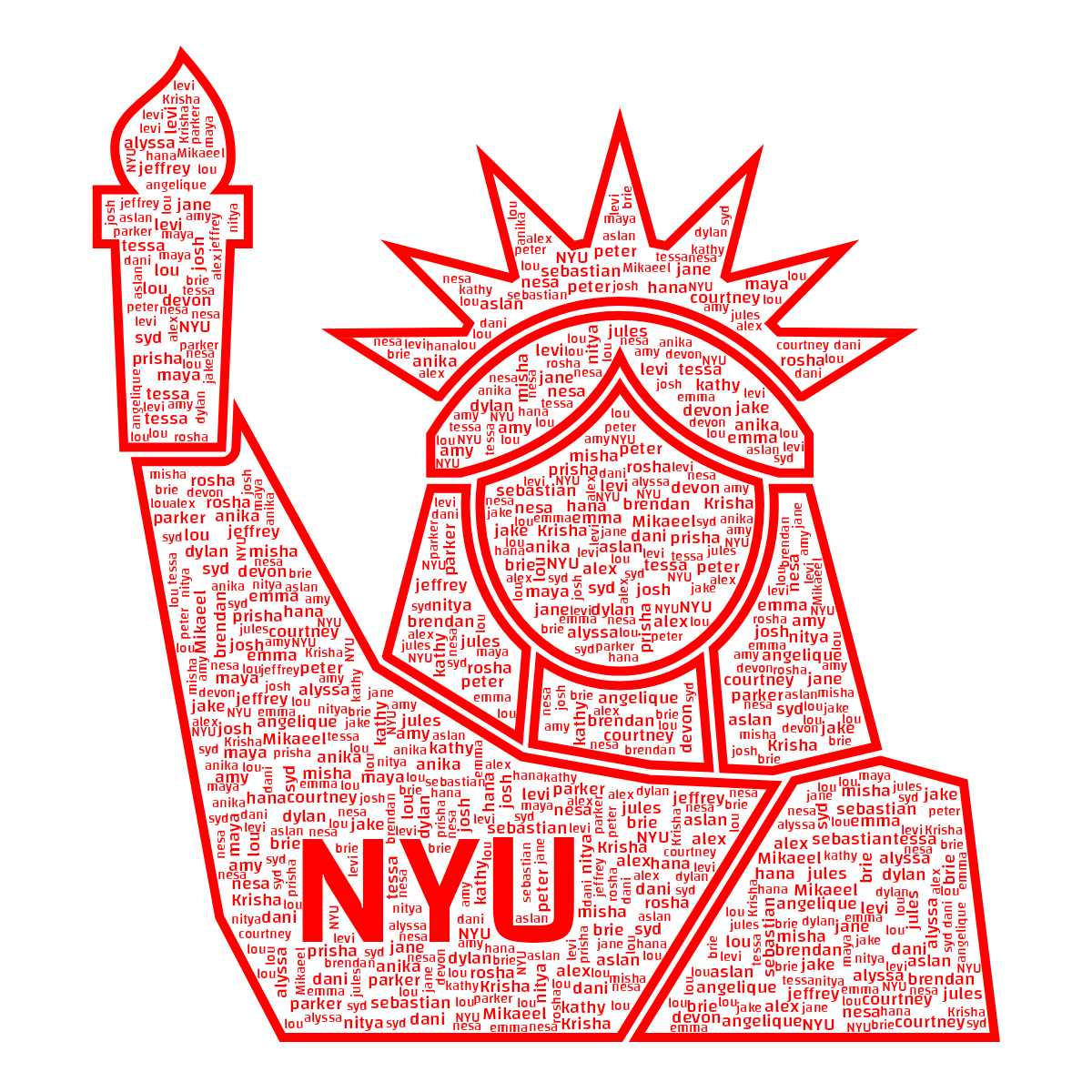 Word cloud in a Statue Of Liberty shape with 36 words like dylan, aslan and brie in red and white.