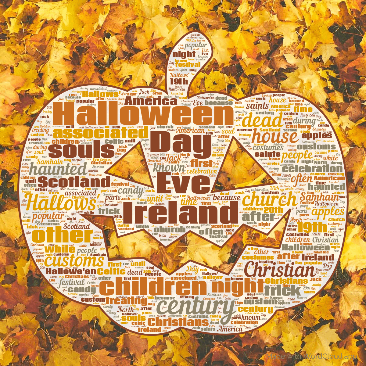Word cloud in a Pumpkin shape with 50 words like Halloween, century and Eve in multicolor.