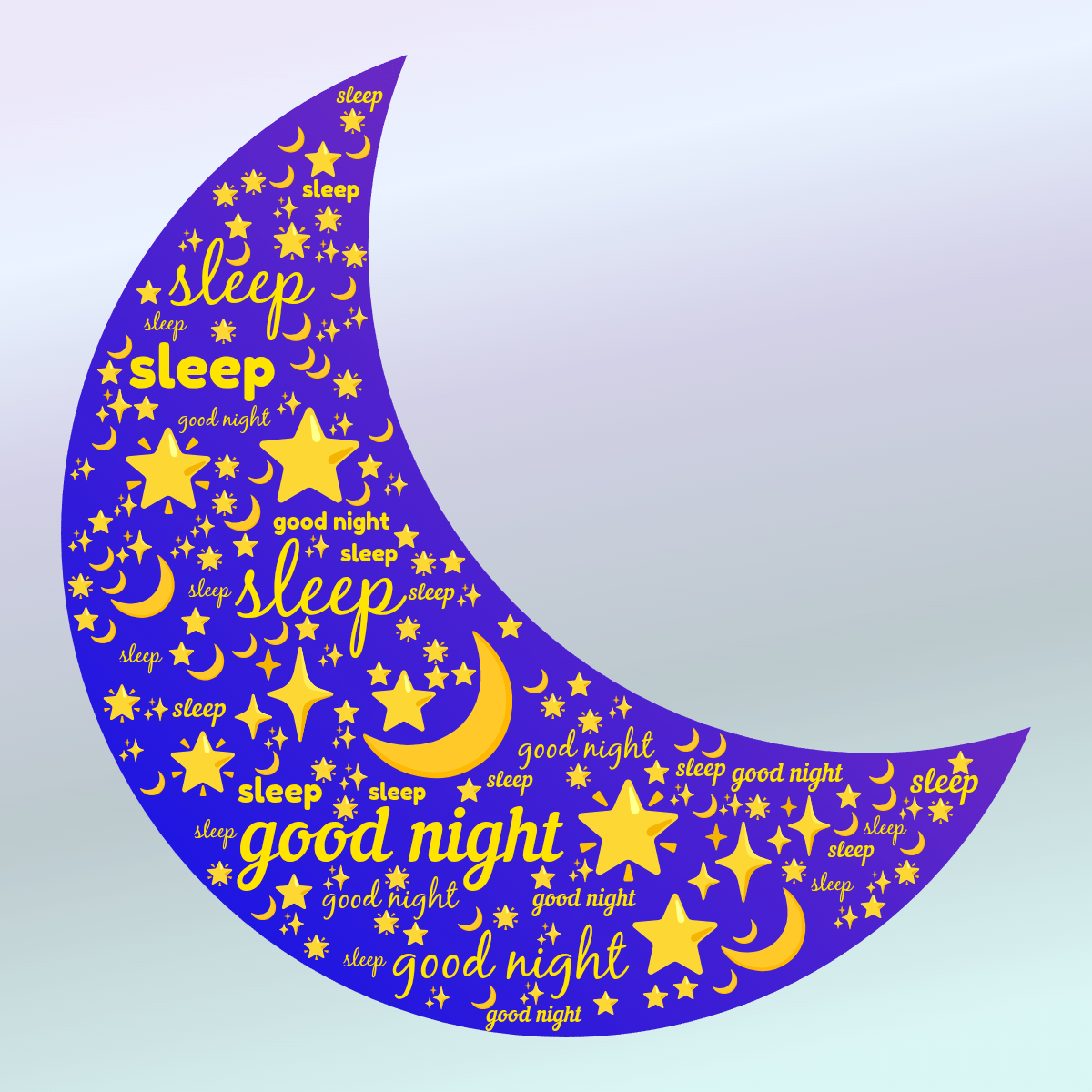 Word cloud in a Moon shape with 6 words like 🌙, sleep and ⭐ in yellow, blue and purple.