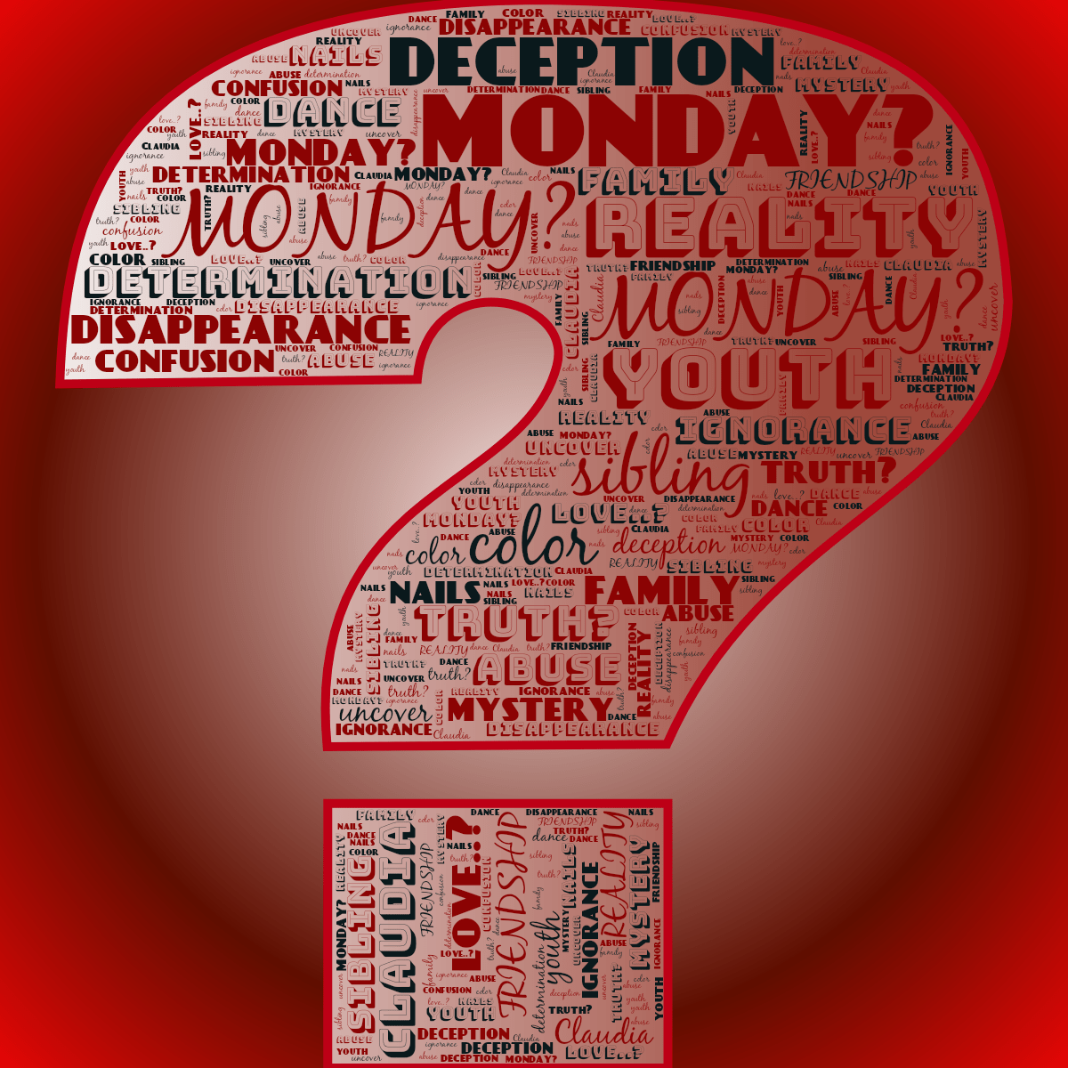 Word cloud in a Question Mark shape with 20 words like MONDAY?, REALITY and color in red, blue and white.