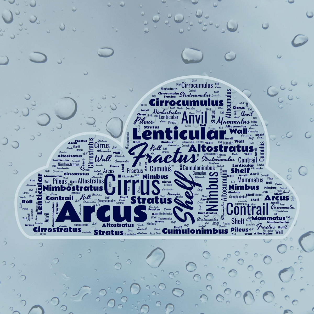 Word cloud in a Cloud shape with 21 words like Cumulus, Stratus and Cirrus in blue.