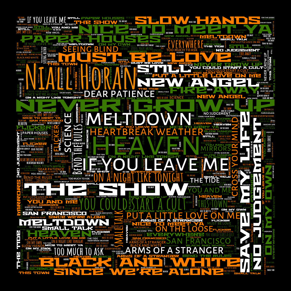Word cloud in a Square shape with 37 words like heaven, if you leave me and meltdown in multicolor.