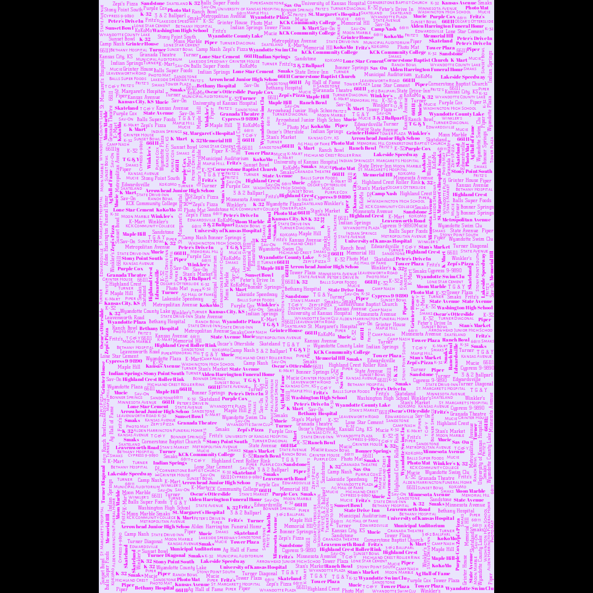 Word cloud in a Vertical Rectangle shape with 62 words like , Sandstone and Washington High School in purple, black and blue.