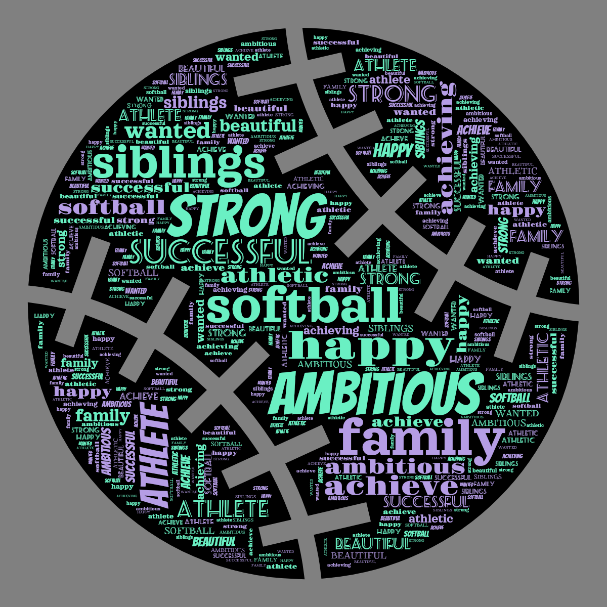 Word cloud in a Baseball shape with 13 words like ambitious, softball and strong in multicolor.