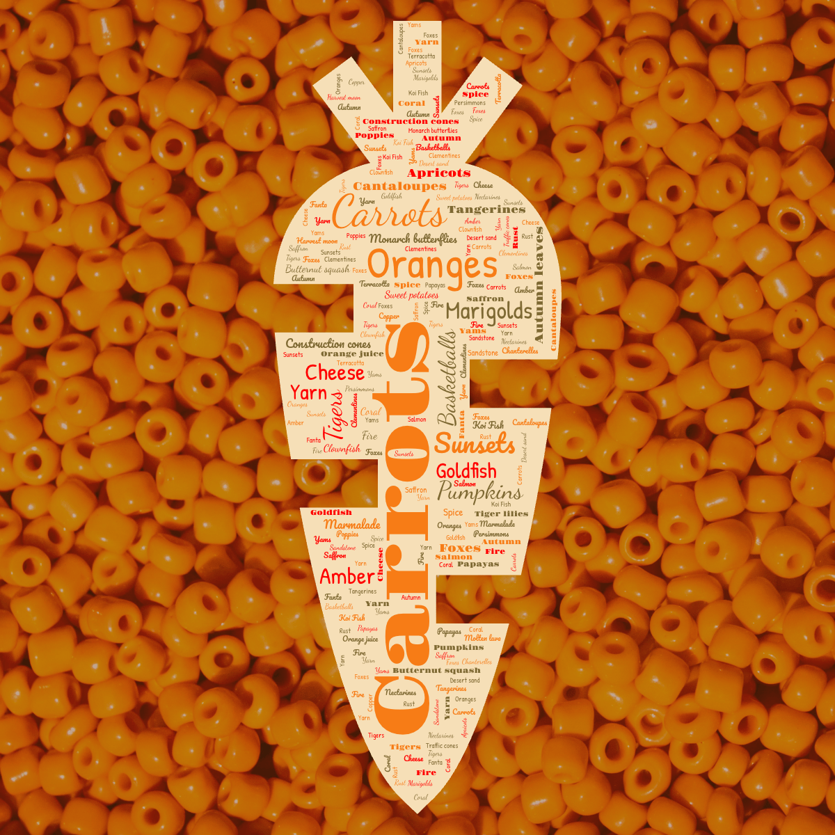 Word cloud in a custom shape with 47 words like Oranges, Carrots and Pumpkins in orange and red.