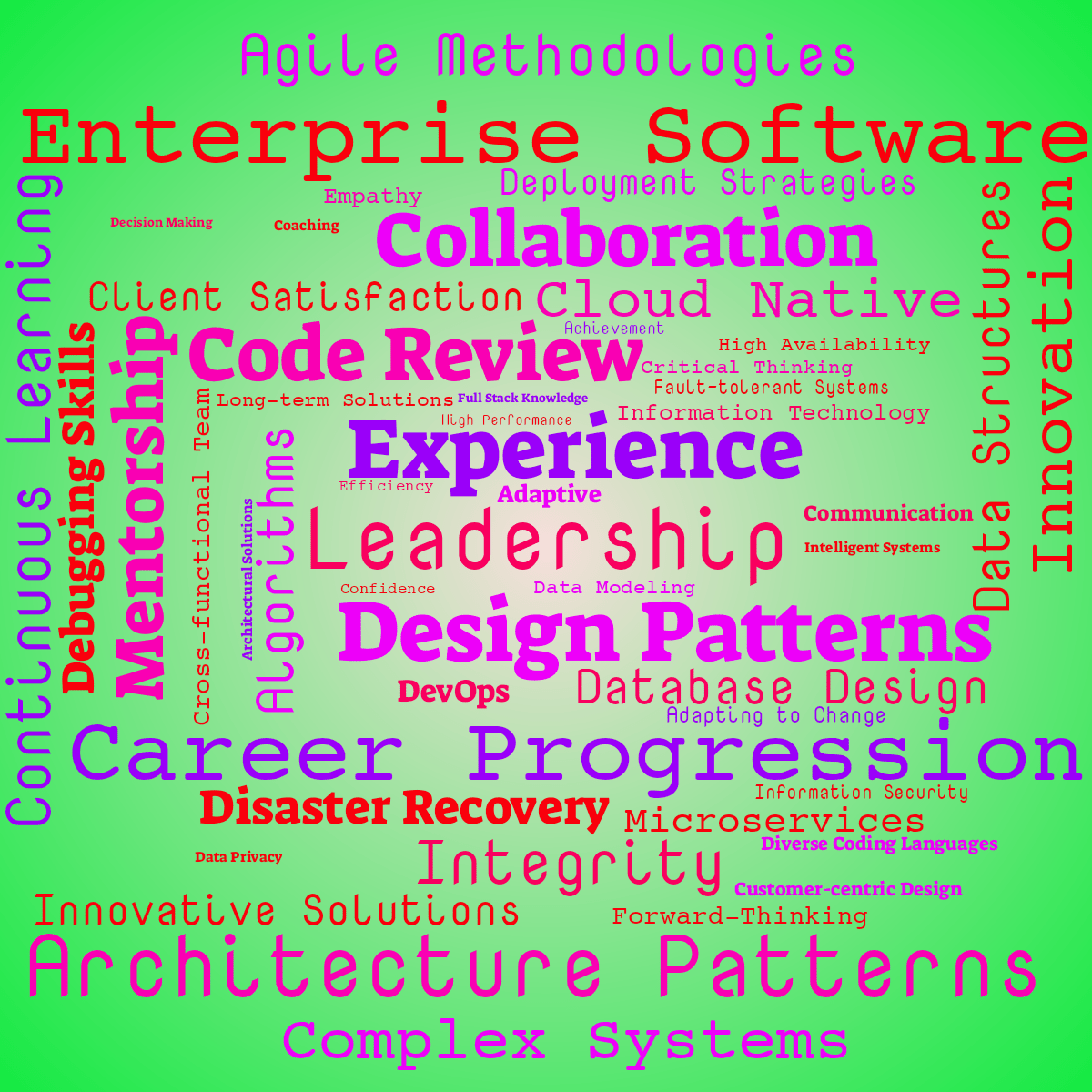 Word cloud with 50 words like Career Progression, Leadership and Experience in multicolor.