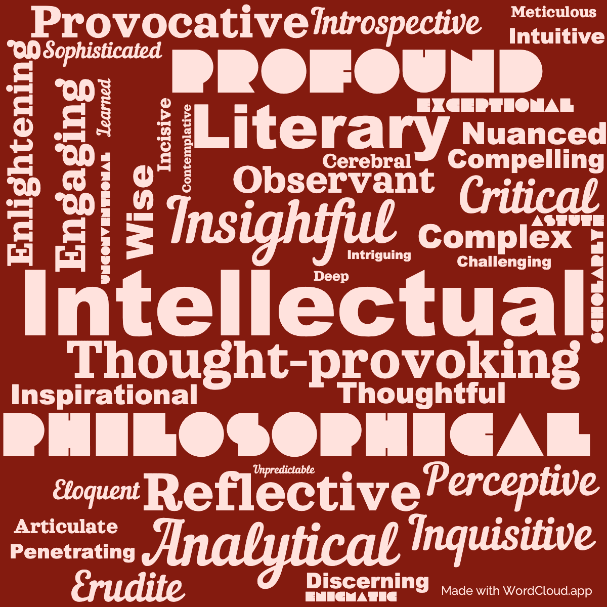 Word cloud of the book The Essays of George Eliot with 43 words like Intellectual, Thought-provoking and Insightful.
