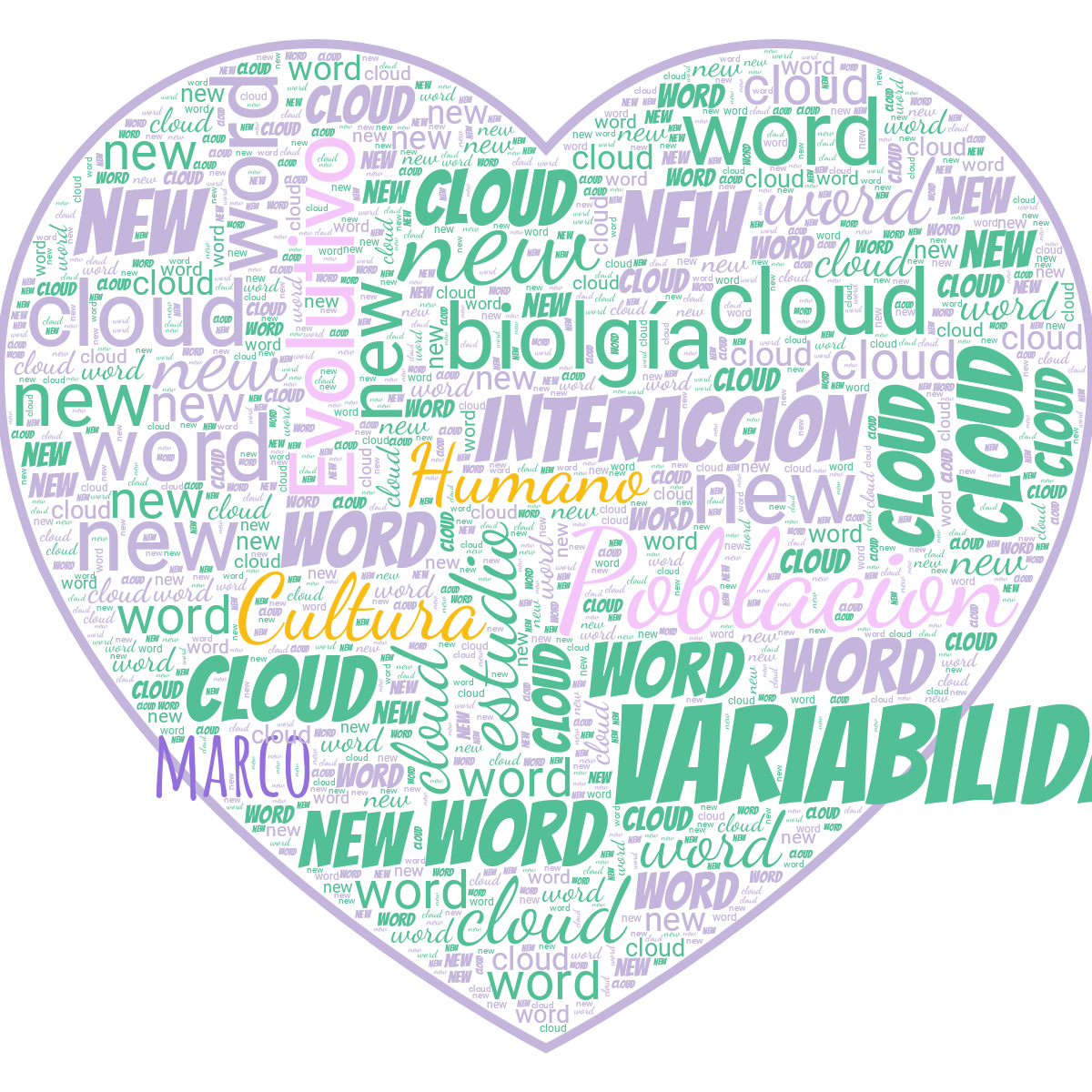 Word cloud in a Heart shape with 3 repeated words like new, word and cloud in green, purple and white.