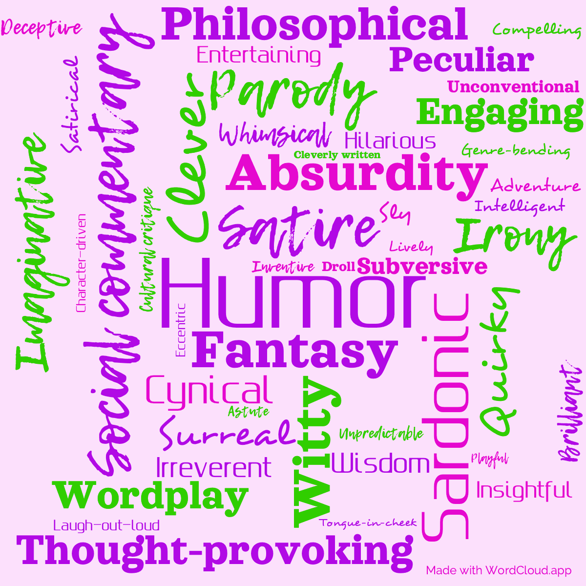 Word cloud of the book The Truth with 47 words like Humor, Satire and Fantasy.
