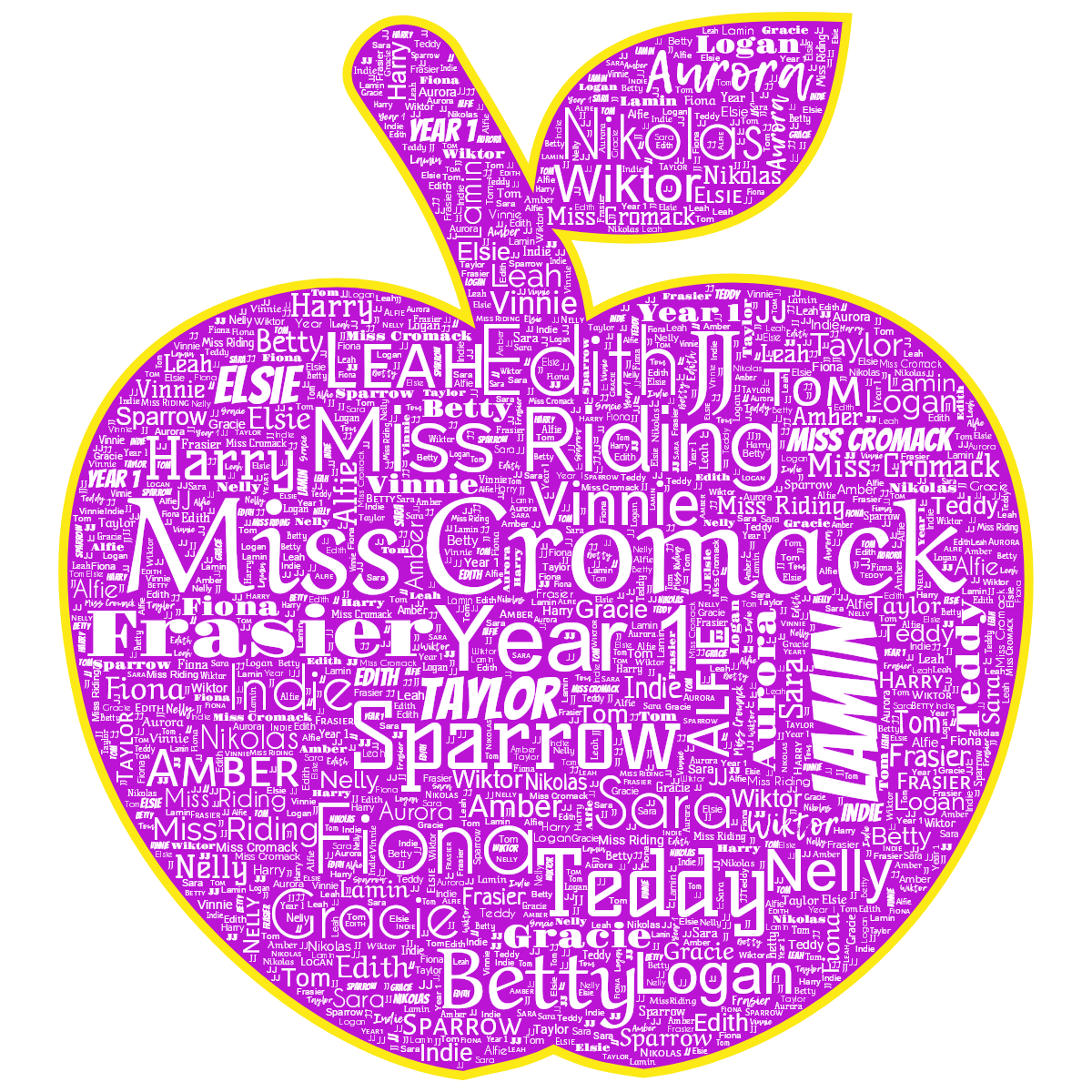 Word cloud in an Apple shape with 27 words like Miss Cromack, Miss Riding and Year 1 in white, purple and yellow.