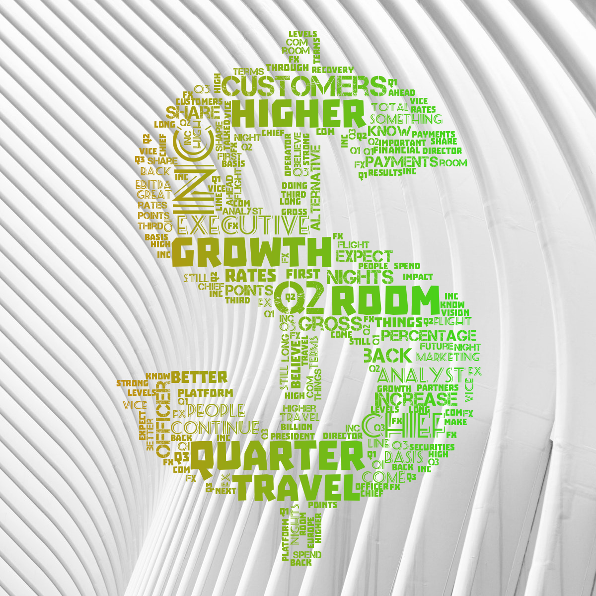Word cloud in a Dollar shape with 87 words like quarter, Q2 and growth in bright orange and green.