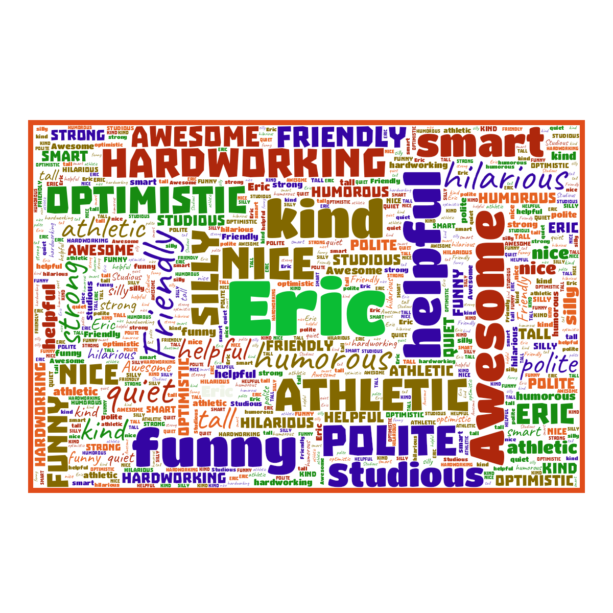 Word cloud in a Horizontal Rectangle shape with 19 words like Eric, nice and athletic in multicolor.