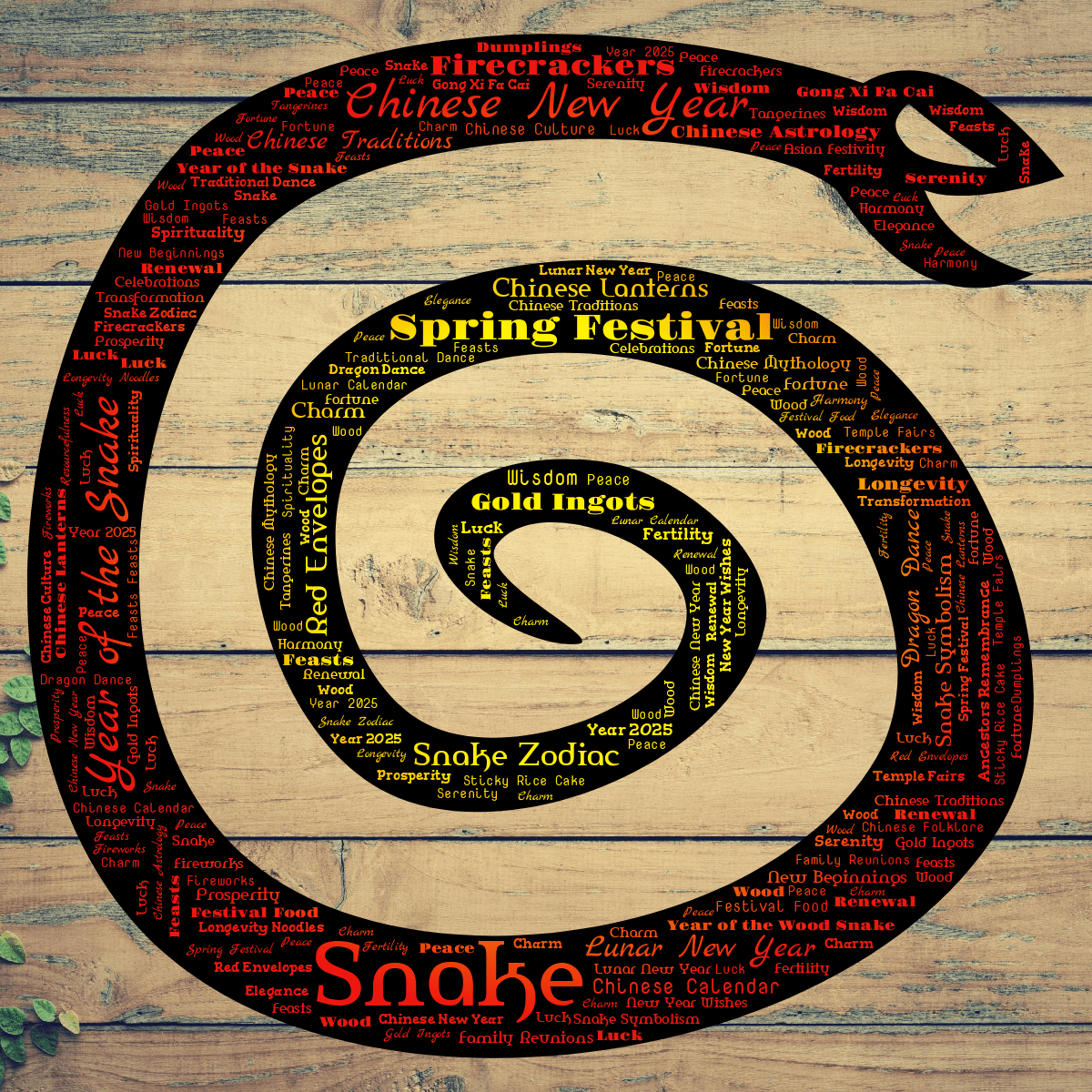 Word cloud in a Snake Spiral shape with 54 words like Snake, Chinese New Year and Year of the Snake in yellow, red and black.