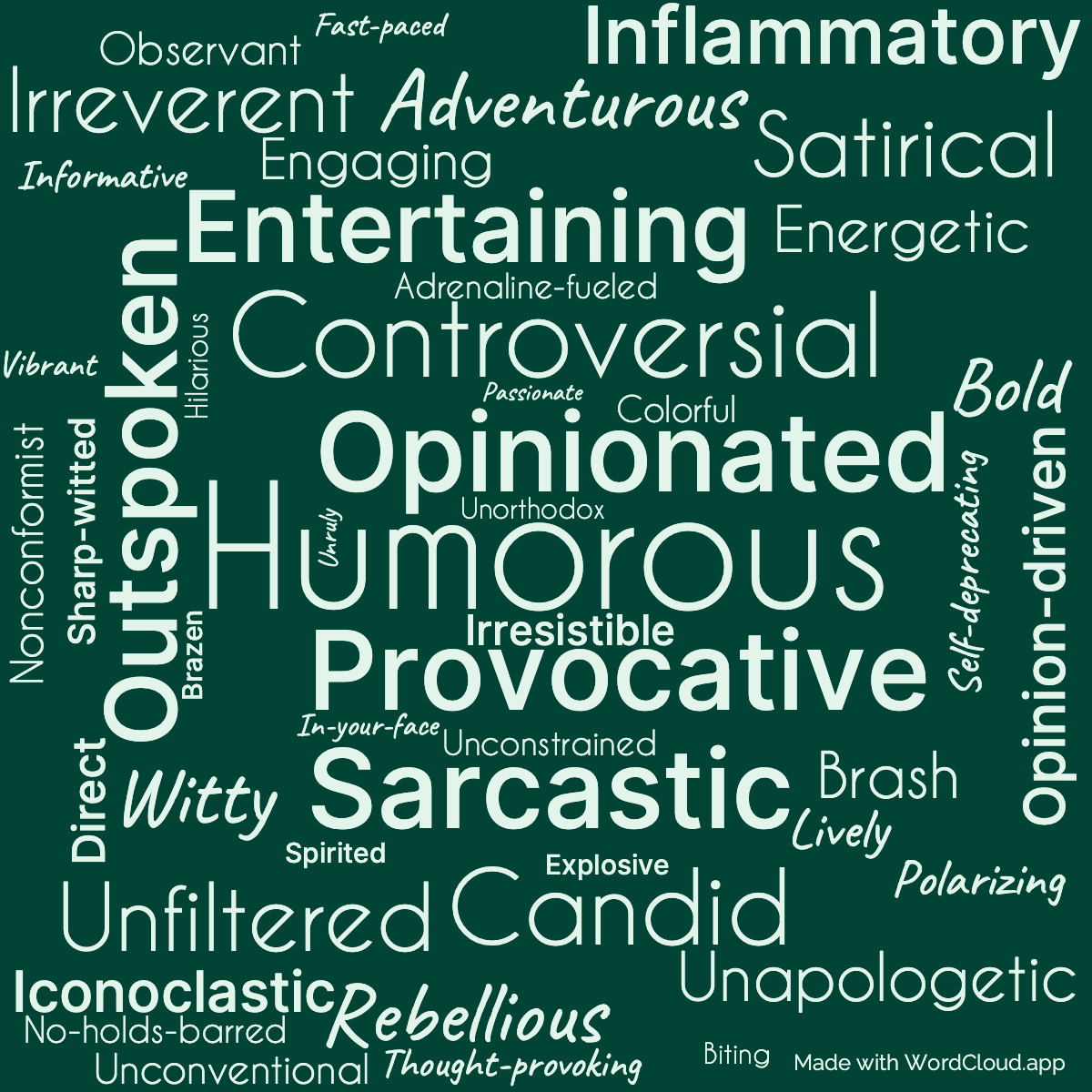 Word cloud of the book Born to be Riled with 48 words like Humorous, Opinionated and Provocative.