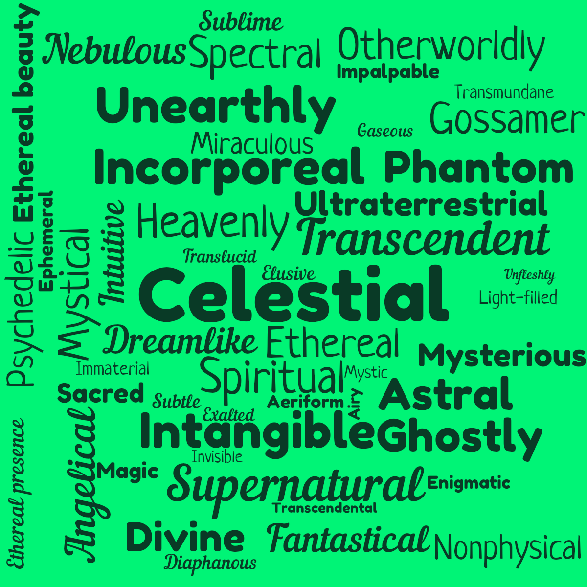 Word cloud with 50 words like Celestial, Heavenly and Spiritual in green.
