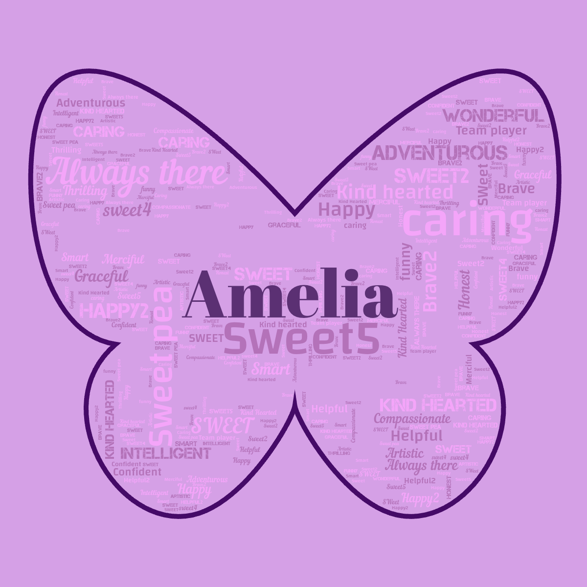 Word cloud in a Butterfly shape with 31 words like Brave, Sweet and Smart in purple.