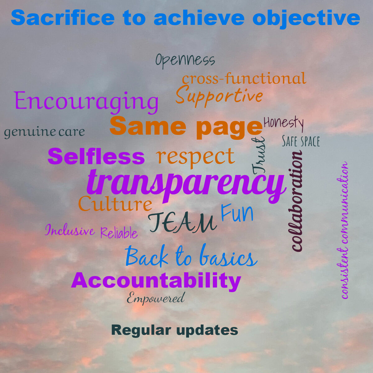 Word cloud with 24 words like transparency, TEAM and respect in multicolor.