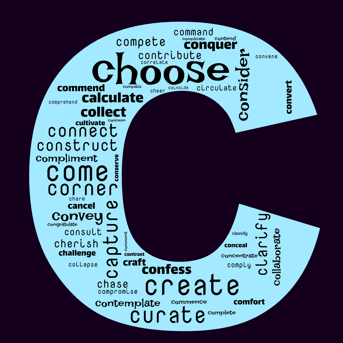 Word cloud in the shape of the letter C with 54 words like choose, create and come in black and blue.