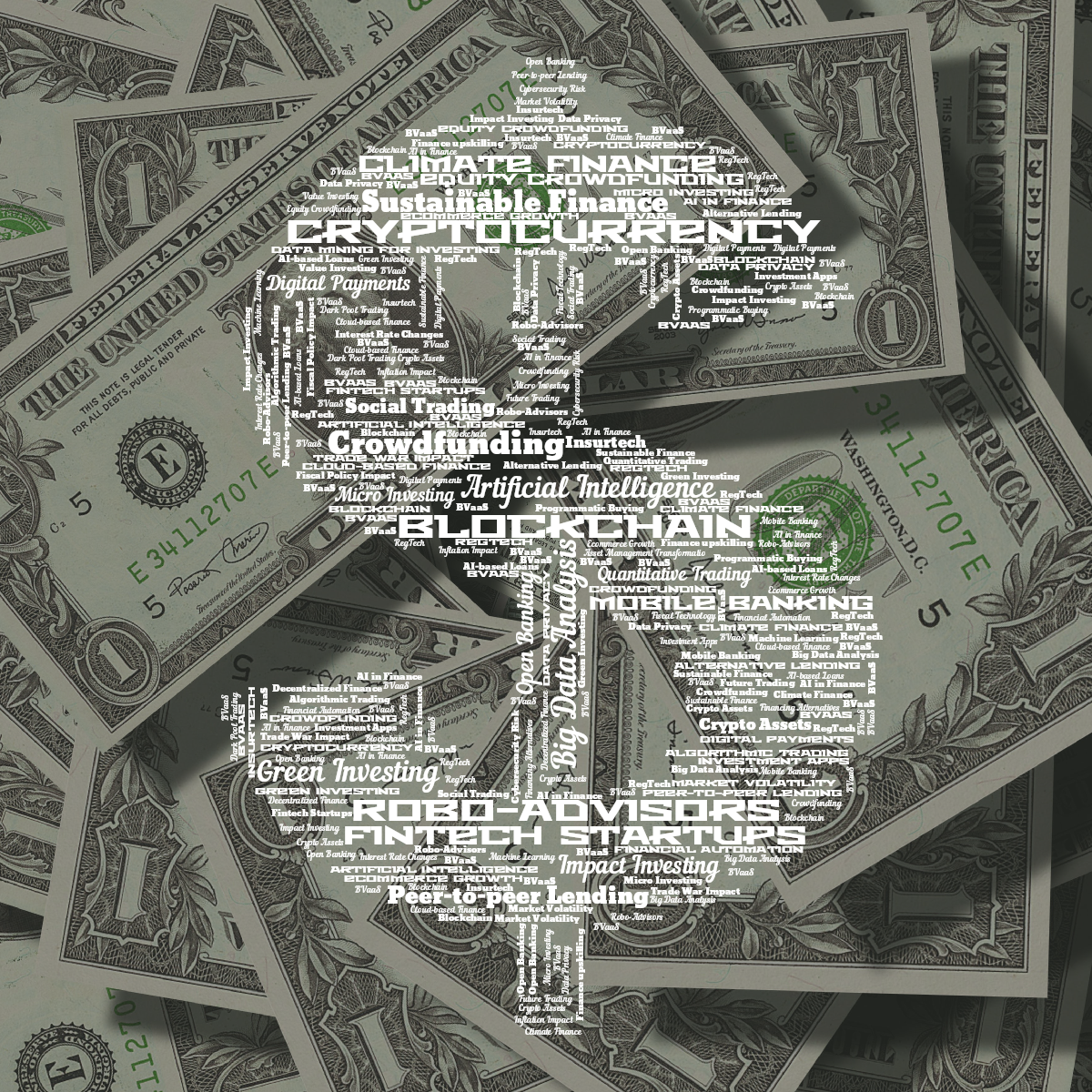 Word cloud in a Dollar shape with 50 words like Cryptocurrency, Blockchain and Big Data Analysis in white.