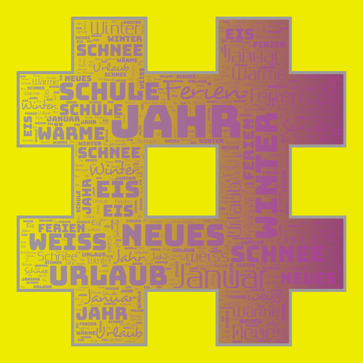 Word cloud in a Hash shape with 11 words like Jahr, Neues and Januar in gray, purple and yellow.