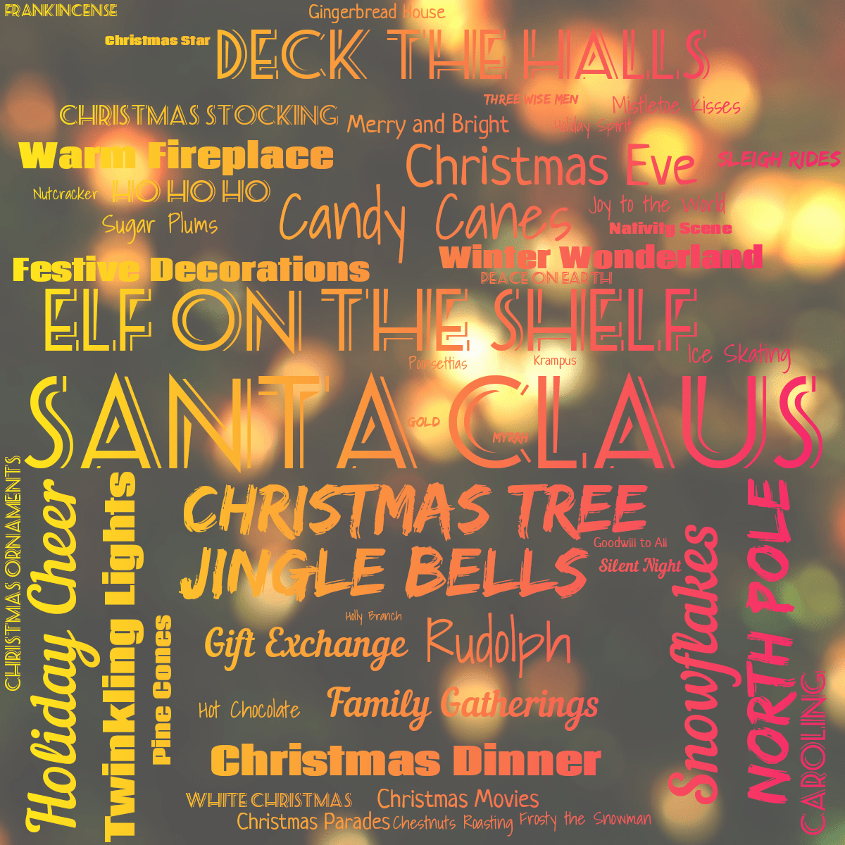 Word cloud with 50 words like Santa Claus, Elf on the Shelf and Christmas Tree in bright pink and yellow.