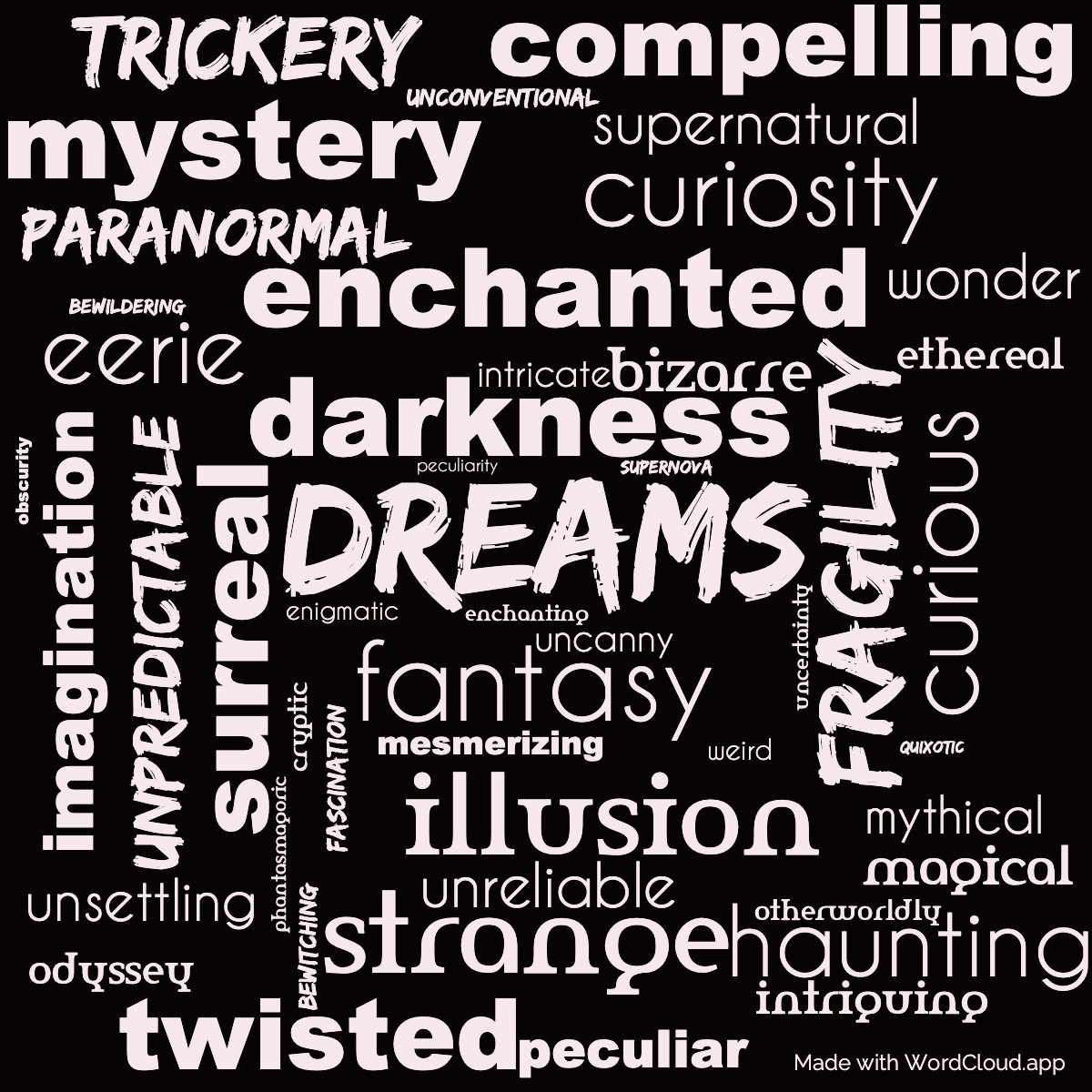 Word cloud of the book Fragile Things with 48 words like dreams, fantasy and darkness.