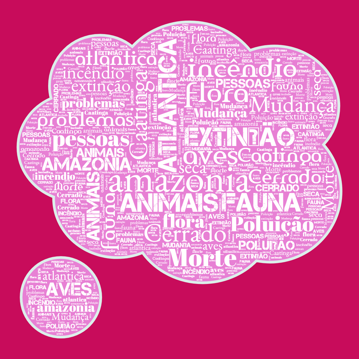 Word cloud in a Thought Bubble shape with 16 words like amazonia, animais and atlantica in multicolor.