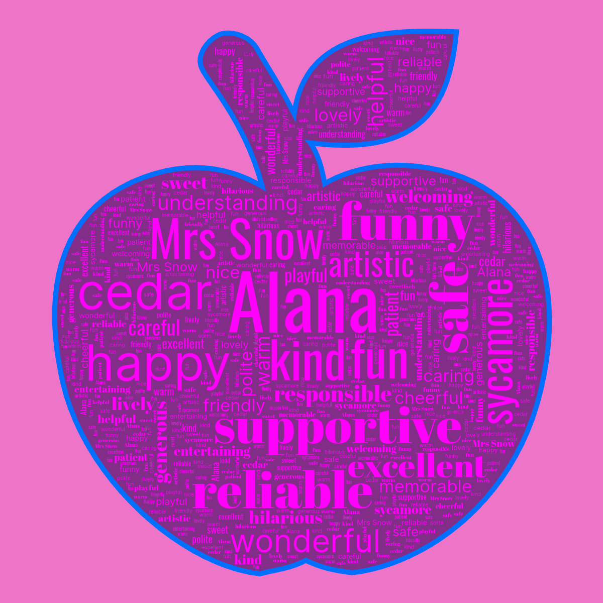 Word cloud in an Apple shape with 33 words like Alana, Mrs Snow and kind in purple and blue.