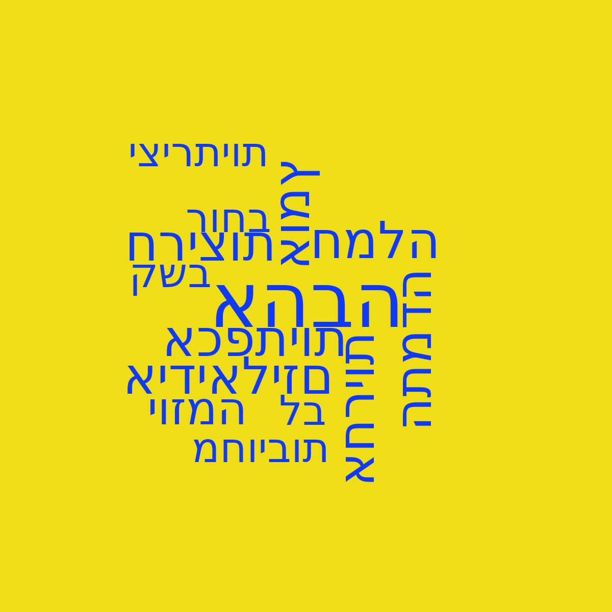 Word cloud with 14 words like אהבה, אומץ and אחריות in bright blue and yellow.