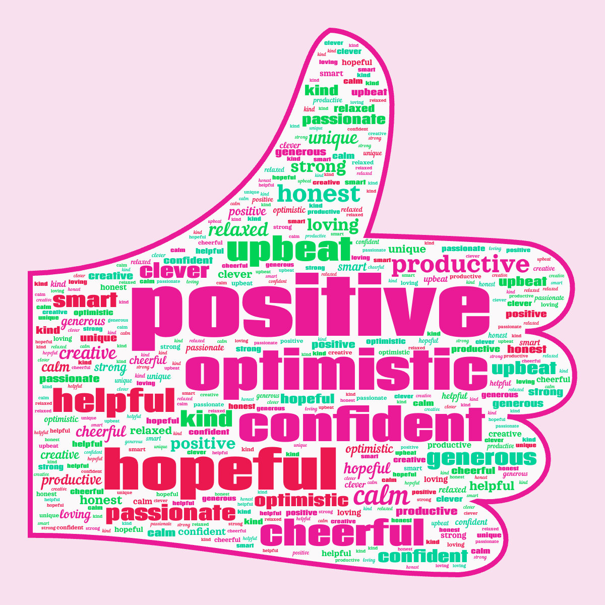 Word cloud in a Thumbs Up shape with 20 words like positive, optimistic and hopeful in multicolor.