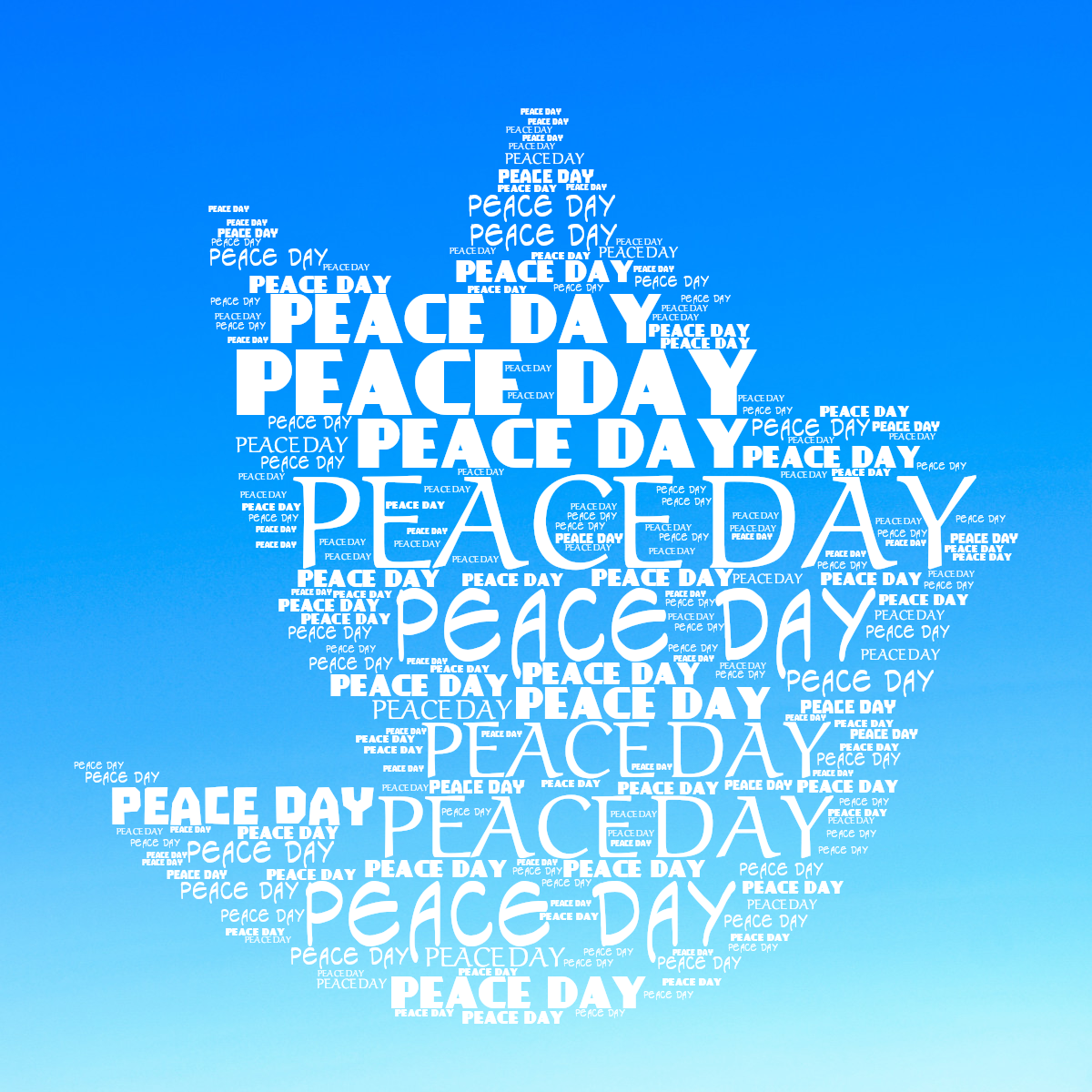 Word cloud in a Bird shape with 1 repeated word PEACE DAY in white.