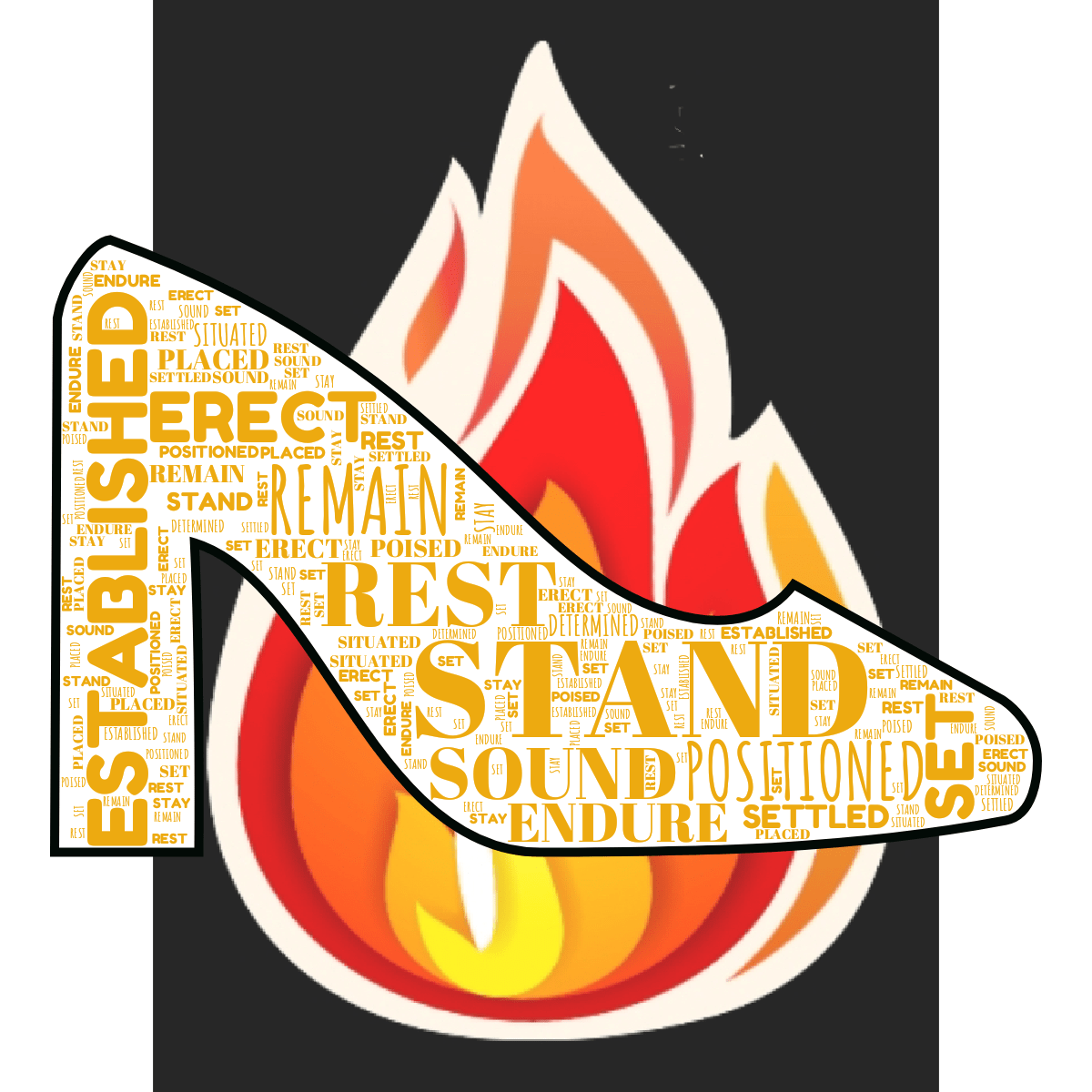 Word cloud in a Shoe Female Heel shape with 16 words like STAND, REMAIN and REST in orange, white and black.