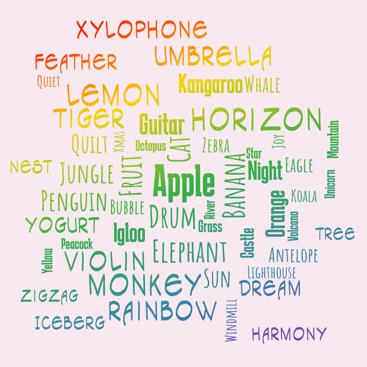 Word cloud with 52 words like Apple, Banana and Cat in multicolor.