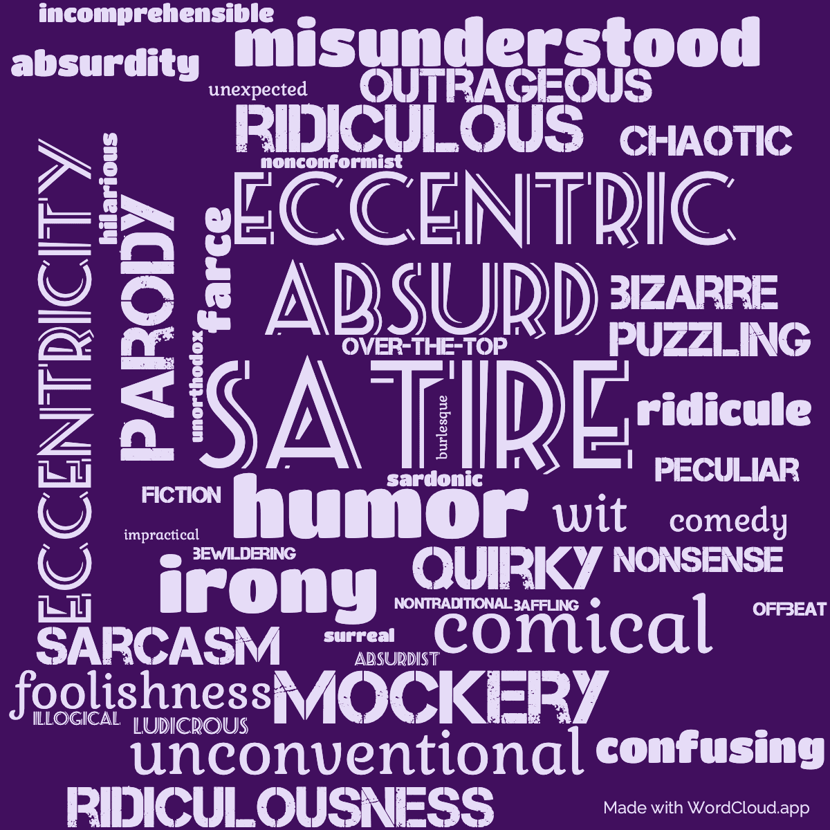 Word cloud of the book A Pickle for the Knowing Ones with 46 words like satire, humor and absurd.