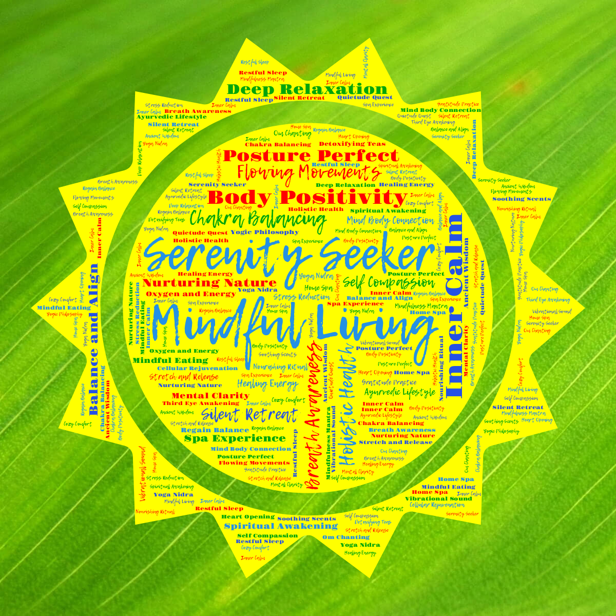 Word cloud in a Sun shape with 42 words like Mindful Living, Serenity Seeker and Inner Calm in multicolor.