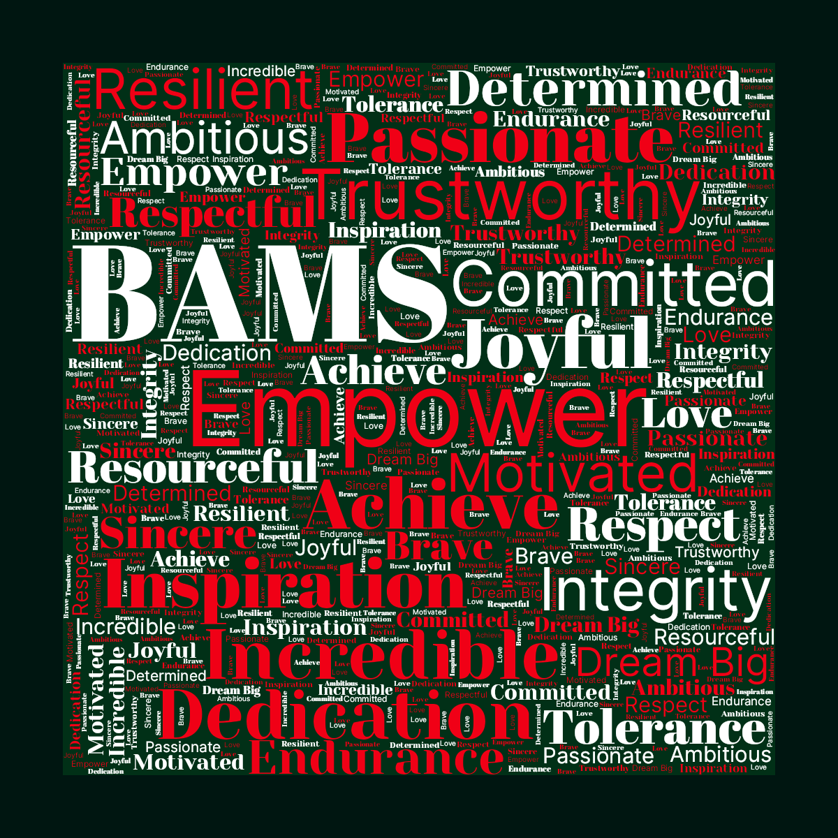 Word cloud in a Square shape with 23 words like Empower, Achieve and Inspiration in multicolor.