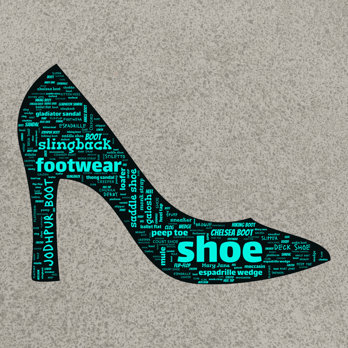 Word cloud in a Wedding High Heel Shoe shape with 41 words like shoe, heel and boot in blue and black.