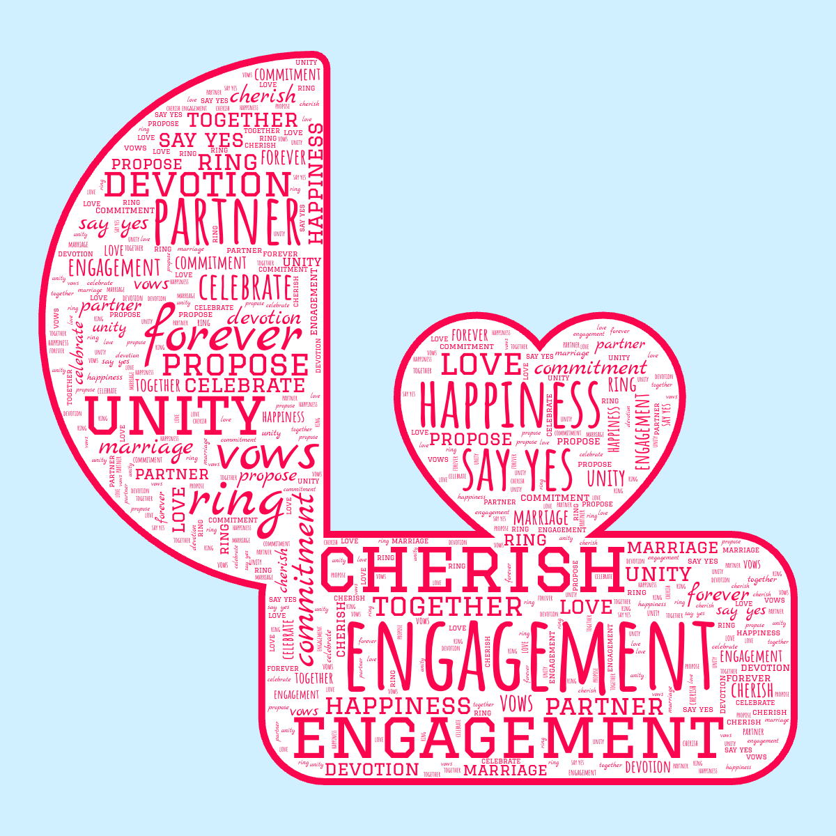 Word cloud in a Love Ring shape with 16 words like engagement, propose and love in red, blue and white.