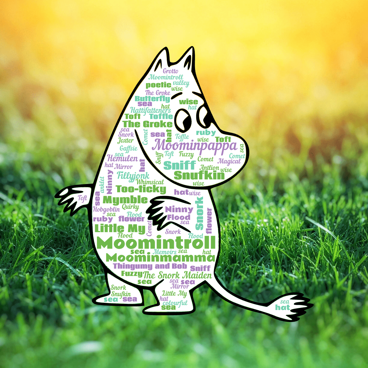 Word cloud in a custom shape with 56 words like Moomintroll, Moominpappa and Moominmamma in green and purple.